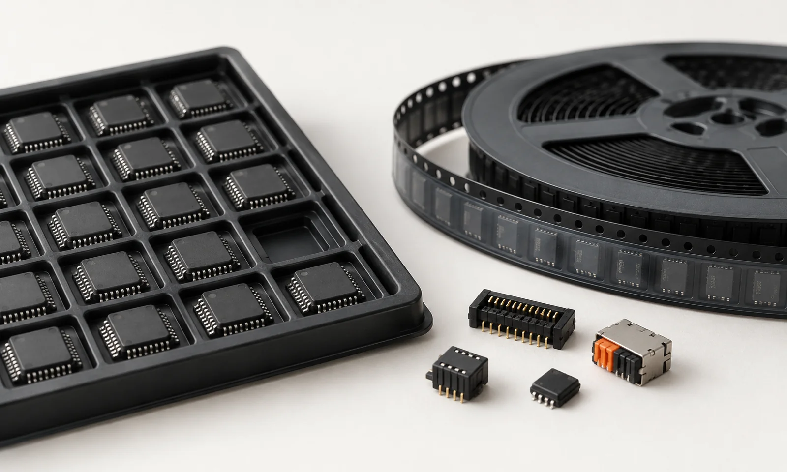 Illustration of integrated circuits in component trays and carrier tape.