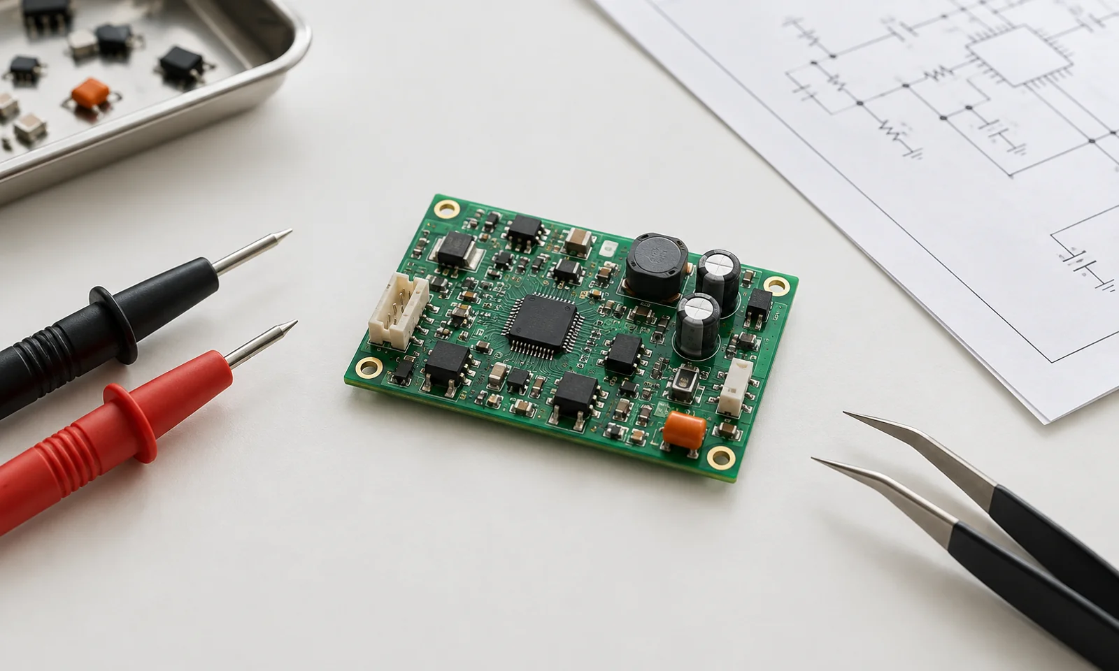 Illustration of a circuit board with measurement probes and engineering documents.