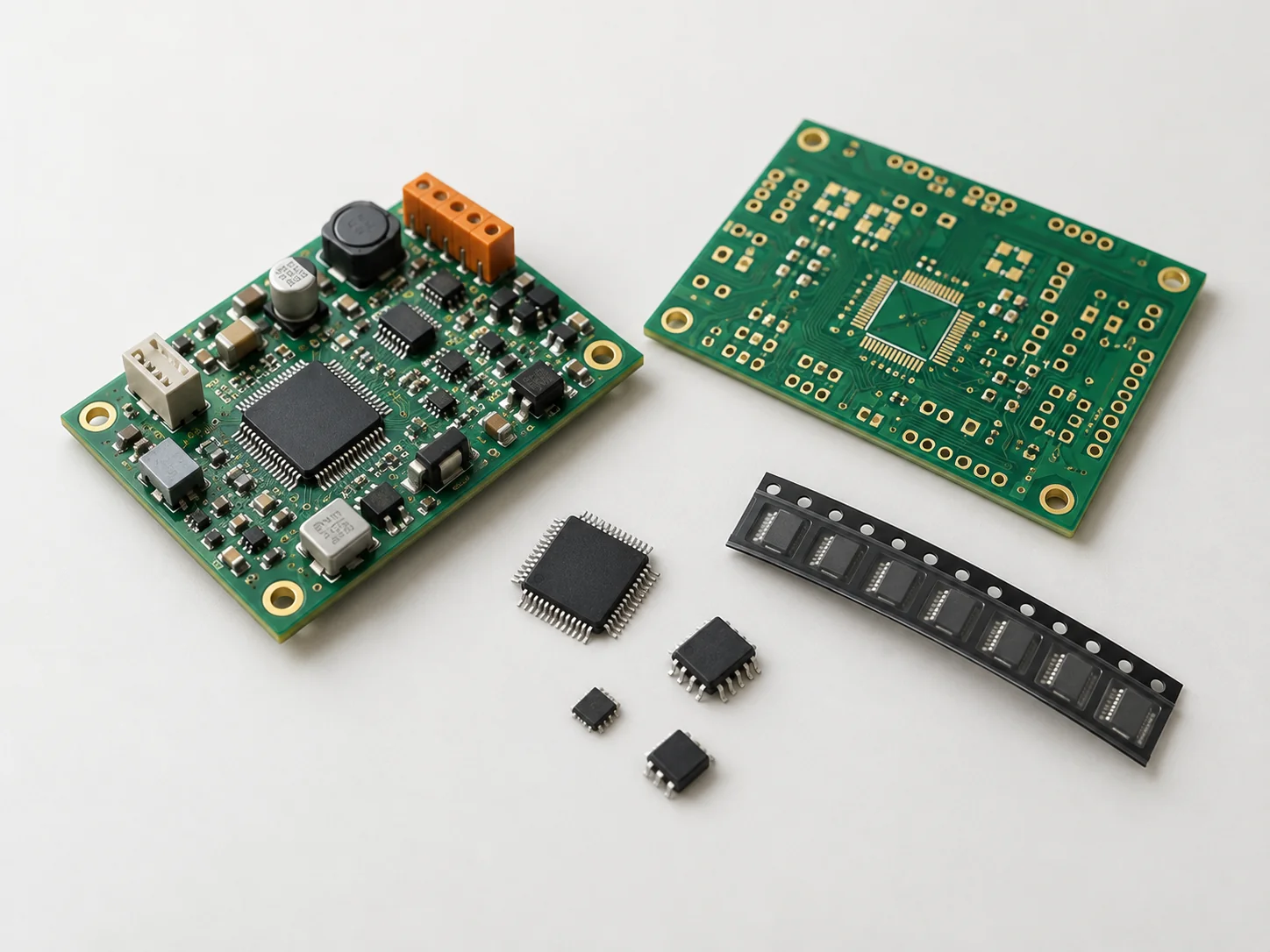 Illustration of electronic components, a bare PCB and an assembled circuit board.