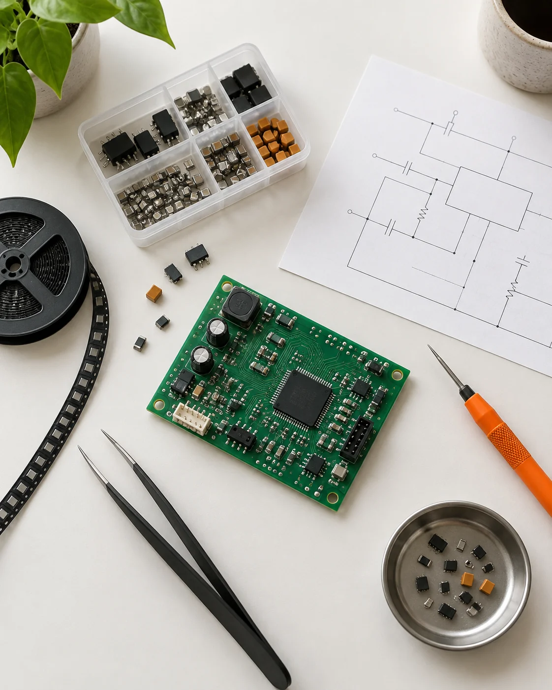 Illustration of an electronics workbench with components, circuit board and engineering materials.