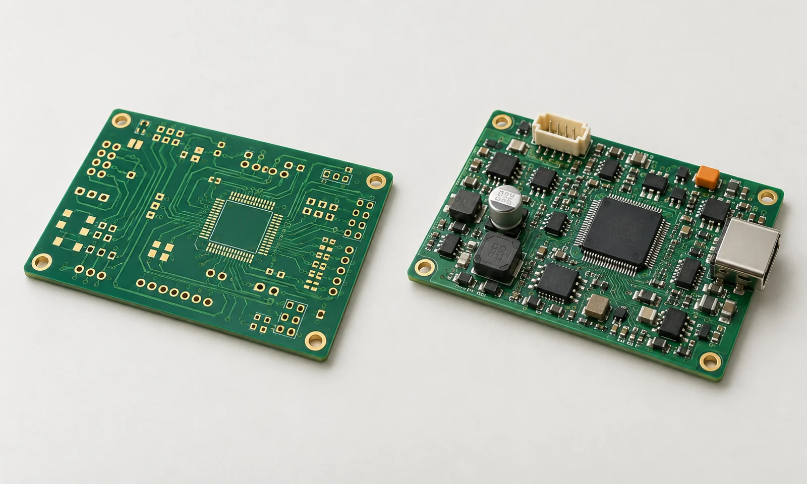 Illustration comparing a bare printed circuit board and an assembled circuit board.